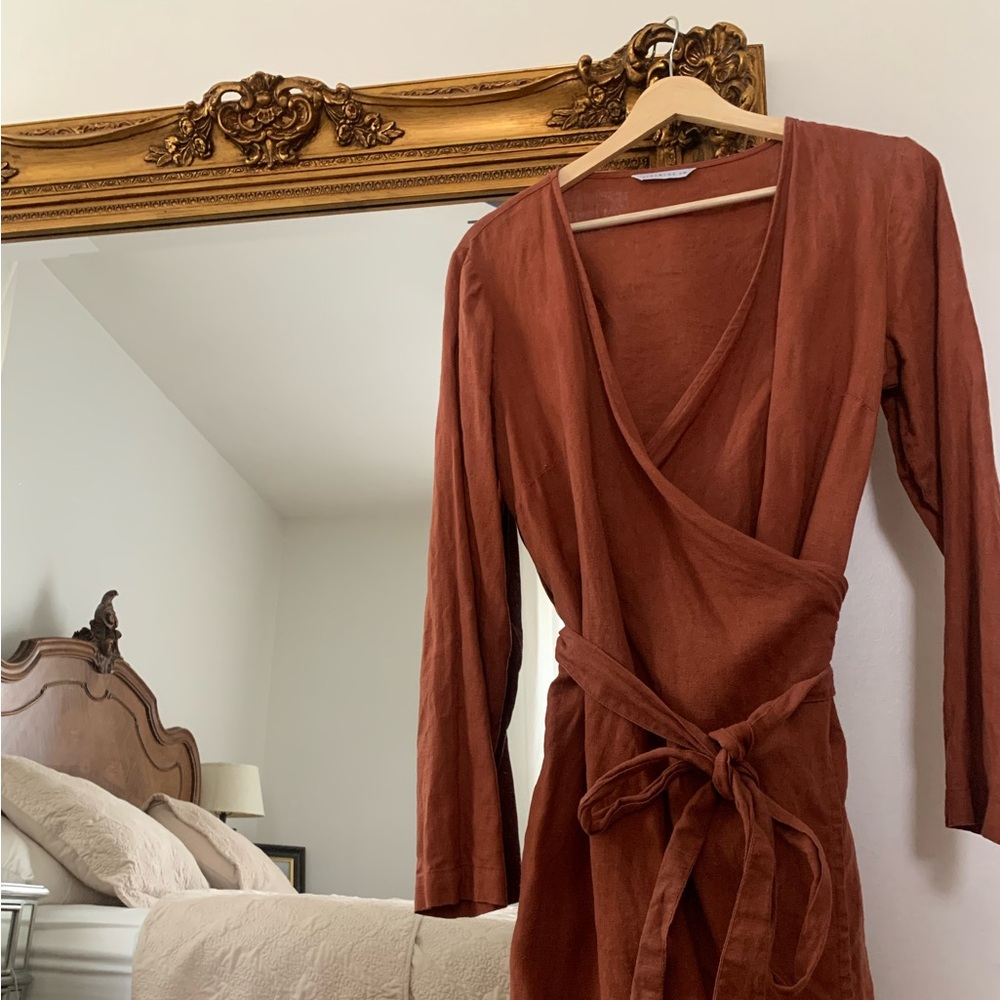 Linenfox Long-sleeve Linen Wrap Dress in Terracotta S/M